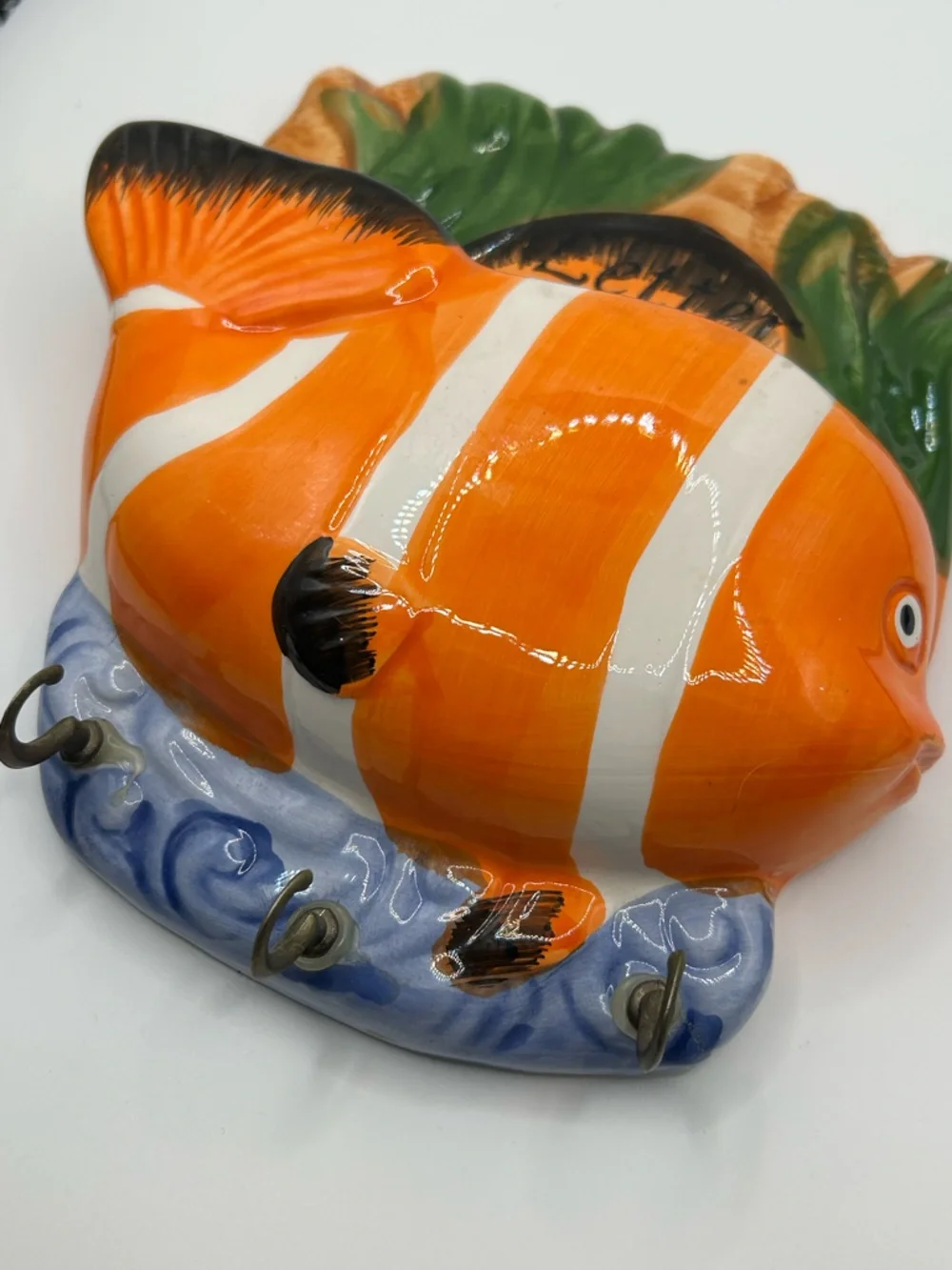Ceramic Orange Striped Fish Wall Hook & letter holder Nautical